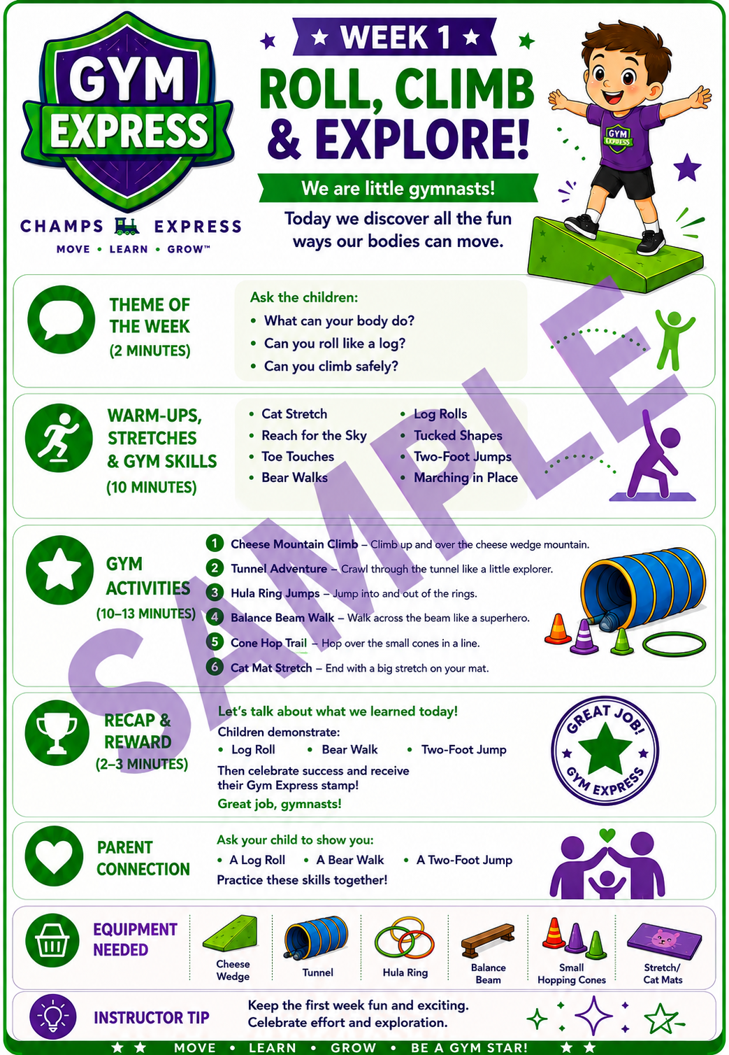 Gym Express Week 1 – Roll, Climb & Explore curriculum sheet